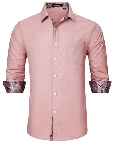 HISDERN Chemises Homme Manches Longues Chemise Décontractée Homme Boutonnées Chemises Formelles Business Chemise Regular Fit Casual Shirt Rose XL