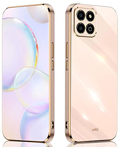 ILING Coque pour Honor X7c / Honor 200 Smart 5G, Simple Couleur Unie Dos Galvanisé Bordure Dorée Design Souple TPU Antichoc Protection Ultra Mince Housse Femme Étui (Rose)