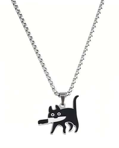 KGDUYC 1 x Black Knifecat Necklace, Cat Necklace S925 Silver Pendant, Kitten with Knife, Cute Lucky Jewellery for Cat Lovers, Women and Men