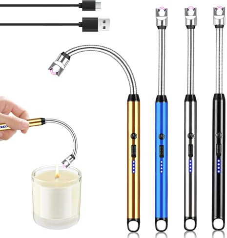GAOUTO Stabfeuerzeug: 4 Stück USB Aufladbar Lichtbogen Feuerzeug, Flexibler Hals Plasma Feuerzeug, Winddicht Und Spritzwassergeschützt, Für Indoor & Outdoor (Schwarz, Silber, Gold, Blau)