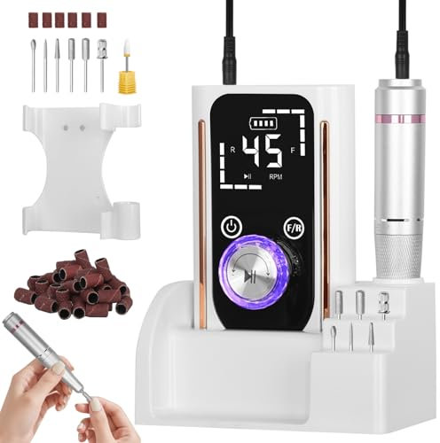 Bindokun Nail Drill, Electric Nail File 45000RPM, Cordless Electric Nail Drill Machine with Bits & Base, Professional Portable Rechargeable E File for Acrylic Gel Nails, Manicure Polishing, Salon Home