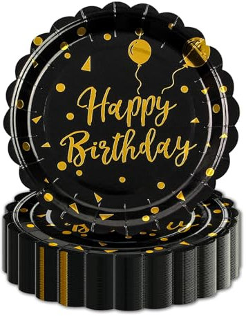 EVYIENEN 50PCS Happy Birthday Paper Plates,7 Inch Disposable Black and Gold Birthday Cake Plates Scalloped Dessert for Decorations Party Supplies