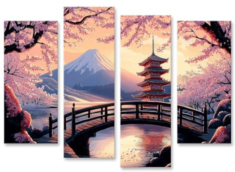 islandburner Prime Bild auf Leinwand Japanische Landschaft mit Kirschblüten und Pagode für Wohnzimmer Japanliebhaber Japanisches Bilder Wandbilder Poster