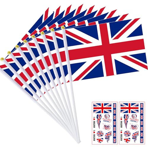 20PCS Union Jack Hand Flags - Great Britain British Handheld Flag with Pole Small Hand Waving Bunting for King's Birthday Parade Anniversary Football Party Decorations (Bonus 2pcs Tattoo Stickers)