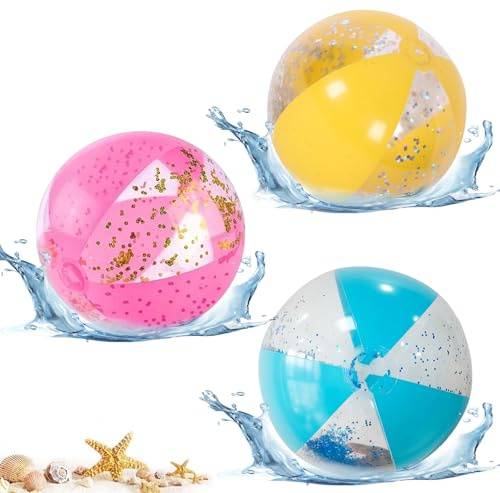 LUMOOM 3 Stück aufblasbare Glitzer-Wasserbälle, Wasserball aufblasbar, großer aufblasbarer Strandball, Schwimmbad-Party-Ball, Tauchbälle 40cm für Sommeraktivitäten im Freien (Transluzent)
