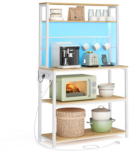 VASAGLE Coffee Bar with LED Lights, Kitchen Bakers Rack | Kitchen Bakers Rack with Power Outlet, Microwave Stand with Adjustable Shelves, 8 Hooks, 40 x 80 x 168.4 cm KKS050YA02