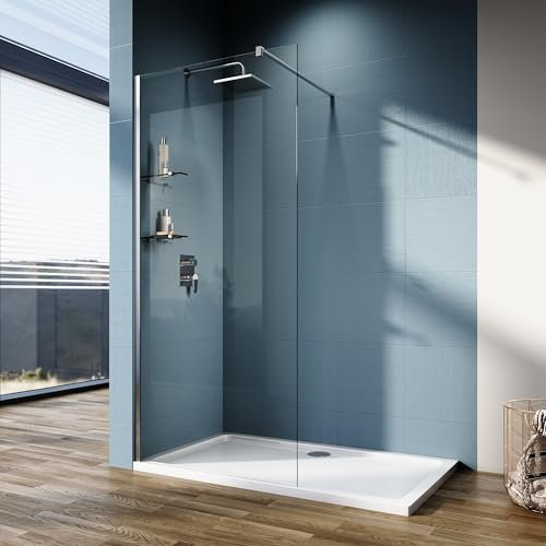 ELEGANT 1200 Walk in Shower Enclosure 8mm Easy Clean Safety Glass Shower Cubicles Wet Room Shower Screen Bath Screen with Two 8mm Glass Shelves with 1600x700mm Stone Shower Tray and Waste