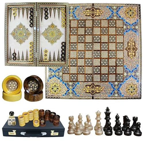 Sammelung von Backgammon-Schachbretter, Handgefertigt aus Holz mit Intarsien-Design & handbemalt mit Blumenmuster, Inklusive Schutzkoffer, Würfel & Spielsteine, 50x50x3,5cm (Premium Blumenmuster 03)