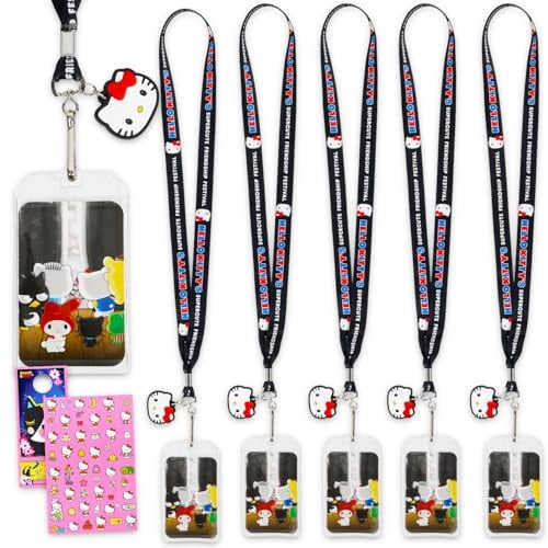 Hello Kitty Lot de 5 cordons Sanrio avec breloque et porte-cartes et autocollants, plus | Hello Kitty ID Holder Set