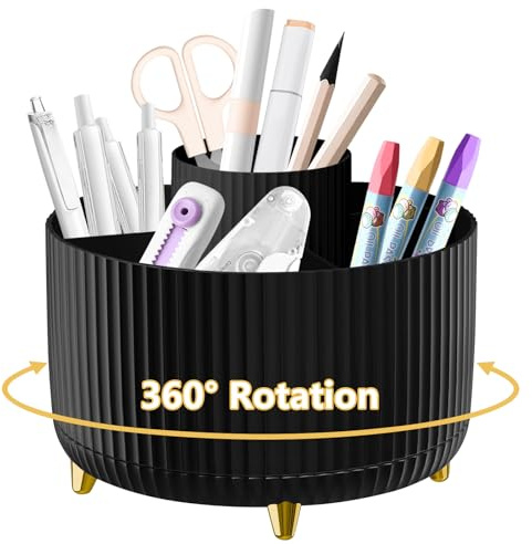 Desk Organiser, 360°Rotating Pen Holder Pen Pot, Makeup Brush Holder with 5 Compartments, Desktop Storage Stationery Supplies Organizer, Pencil Holders for Desk Tidy Home Office School (Black)