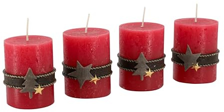 4er Set Adventskerzen Rustikal - Stumpenkerzen mit Weihnachtsmotiven - Stern & Tannenbaum - Für Adventskranz & Weihnachtsdeko (Rubin, ⌀ 6 cm - Höhe: 8 cm)