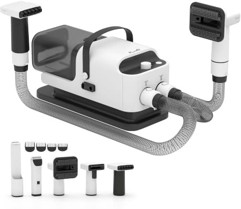 PawHut Aspirateur Poil de Chien et Séchoir 5-en-1 12kPa 50dB 1,8L Blanc | Kit Toilettage Chien Professionnel, Tondeuse Silencieuse, Pulseur, Température Réglable, pour Animaux