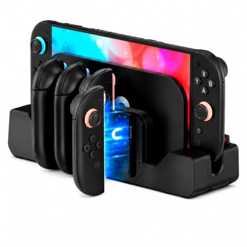 PORTHOLIC Stazione di ricarica multifunzione per Switch 2, 4 Joy-Con Controller Charger Dock con 2 slot per schede di gioco e indicatori LED, porta USB extra per dock originale, nero