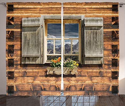 ABAKUHAUS Rustikal Rustikaler Vorhang, Blick vom Berghütte, Wohnzimmer Universalband Gardinen mit Schlaufen und Haken, 280 x 225 cm, Braun Kakao