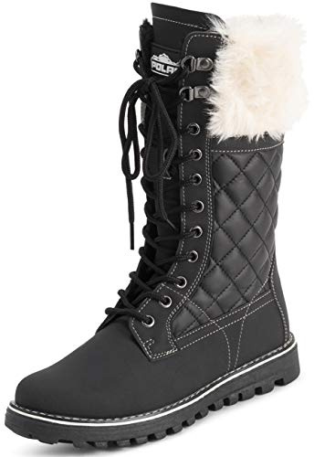 Polar Womens Faux Fur Warm Thermal Waterproof Outdoor Walking Snow Winter Rubber Sole Calf Boots - Black/Beige - UK3/EU36 - YC0605