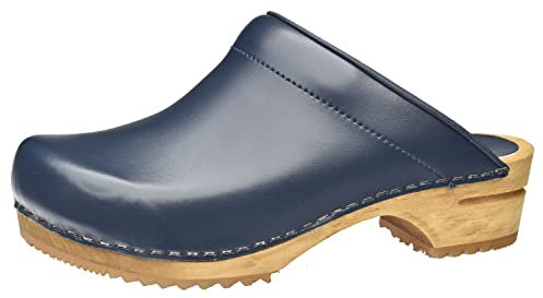 Sanita Lotte offener Clog | Original handgemacht | Leder-Holzclogs für Damen | Blau | 37 EU