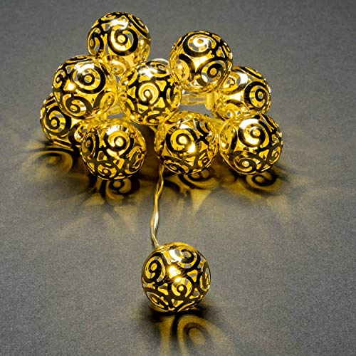 Konstsmide, 3129-803 LED Decorative Fairy Lights, Brass-Coloured Metal Balls, with 6 Hour Timer, 10 Warm White Diodes, Battery Operated, Inside, Transparent Cable
