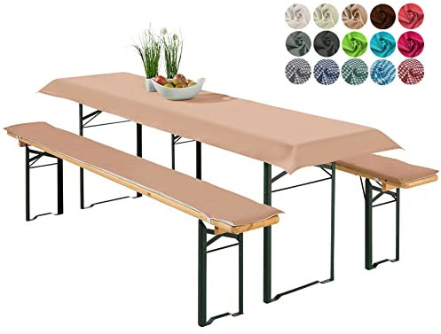 heimtexland ® Bierzeltgarnitur Auflagen Set 3-teilig Tischdecke Bierbankauflage Polster Kissen Biergarnitur Typ698 Beige für Tischmaß 70x220 cm