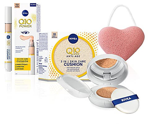 NIVEA Q10 Plus Anti-Falten Skin Care Foundation Cushion Farbcreme Anti-Aging 01 Light-Medium 15ml und Eye Care Cushion Concealer Augenringe 02 Nude 5 ml inkl. Nivea Soft Mini 25ml