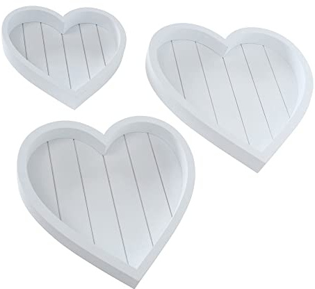 3tlg. Tablett Herz weiß herzförmiges Holztablett im Landhausstil (3 Größen)