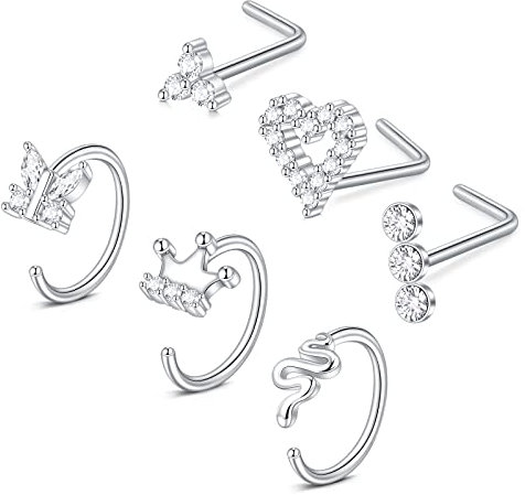 Briana Williams 6stk 20G Nasenringe Hoop Nasenstecker L-förmig für Frauen 8mm Chirurgenstahl Herz Schmetterlings Lippe Helix Cartilage Ohrringe Nasenpiercing