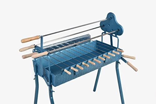 Food From Cyprus Greek Cypriot Portable Charcoal Barbecue BBQ Grill Rotisserie Foukou Height Adjustable with Lifting Lever Mechanism Model B, Blue