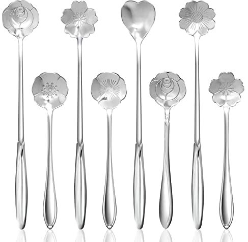 SelfTek Lot de 8 cuillères argentées - 2 tailles différentes - En acier inoxydable - Pour café, sucre, thé glacé, confiture et dessert