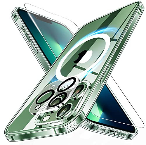Magnetic Case for iPhone 13 Pro Max Clear, with 2 Tempered Glass Screen Protector & Camera Lens Protector, Compatible with MagSafe, Military-Grade Shockproof iPhone 13 Pro Max Phone Cover