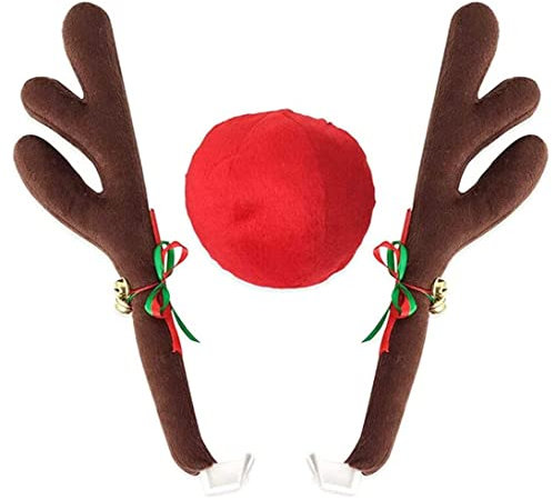 ZAYMDO Car Reindeer Antlers & Red Nose, Vehicle Christmas Decorations Window Roof-Top & Grille Rudolph Reindeer Jingle Bell Xmas Antlers Car Accessories
