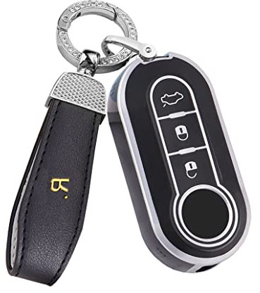 ontto Klapp Autoschlüssel Hülle Fernbedienung Cover Passt für Fiat Lancia 500X 500C Punto Panda Ypsilon Delta Bravo Peugeot Zubehör Silberrand Schutzhülle Schlüsselanhänger TPU Schlüsseletui-Schwarz R