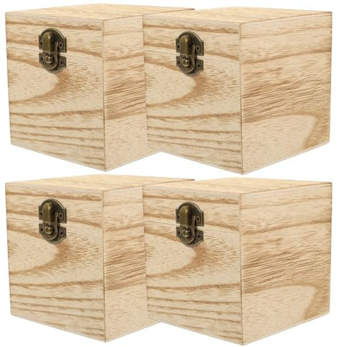 Cabilock 4Pcs Unpainted Wooden Jewelry Storage Box, DIY Unfinished Square Chest Treasure Wood Craft Case Organizer with Hinged Lid and Front Clasp