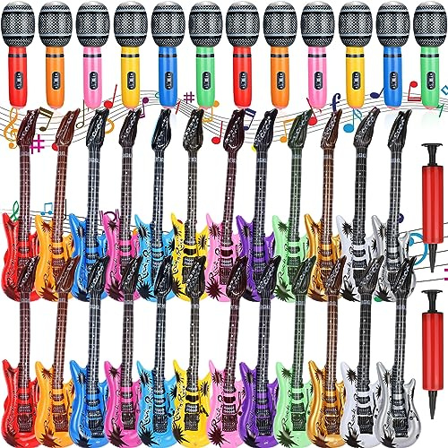 Chitidr 24 Pcs Colorful Inflatable Instruments Rock Star Toy Set Including 12 Pcs Plastic Microphones, 12 Inflatable Guitars and 1 Inflator for Musical Concert Themed Party Decoration