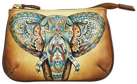 Anuschka Münzbörse aus handbemaltem Leder, mittelgroß, mit Reißverschluss und Schlüsselringen - Elephant Mandala