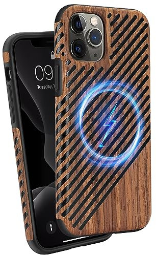 ZZDZZ Magnetisch Hülle für iPhone 11 Pro Max Hülle [Kompatibel mit MagSafe] Holz und Leder Design Handyhülle Stoßfest Schutzhülle