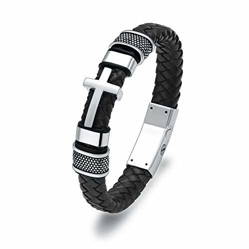 Minicremation Kreuz Einäscherung Urne Armband für Asche Echtes Leder Memorial Asche Schmuck Urne Bangles Medaillon Keepsake Armband für Männer (24CM, Silver)