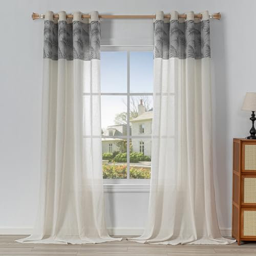 MYSKY HOME Vorhänge und Gardinen Wohnzimmer Gardine mit Ösen Vorhang Boho Blattmuster Leinenoptik 2 Stücke Halbtransparent Beige Voile Curtains for kinderzimmer, H 260 x B 140 cm, Grau