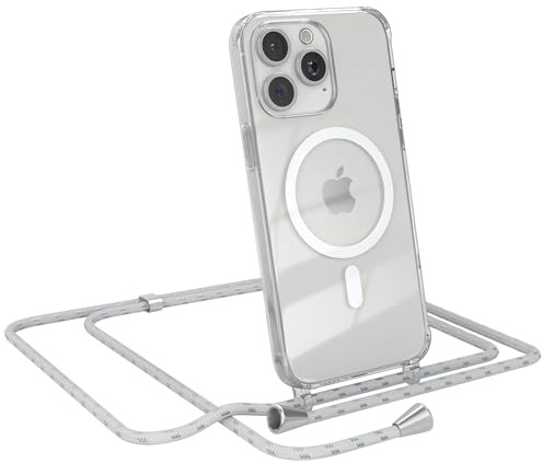 EAZY CASE - Handykette kompatibel mit iPhone 15 Pro Max Kette zum Umhängen Stoßfest Handyhülle für iPhone 15 Pro Max Silikon Hülle mit Band Handytasche Transparent als Fallschutz in Weiß/Silber