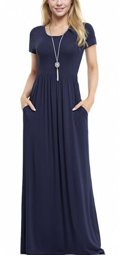 Anelune Women's 2024 Summer Casual Flutter Short Sleeve Crew Neck Smocked Elastic Waist Tiered Midi Dress with Pockets(Navy Blue-L)