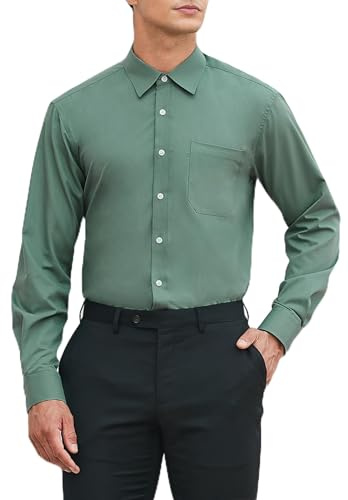 HISDERN Chemise Vert foncé à Manches Longues pour Hommes Chemise Habillée en Fibre de Bambou Coupe Régulière Chemise sans Repassage avec Poche,L
