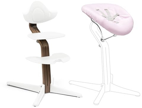 Stokke Nomi Stuhl (Walnut/White) mit Newborn Set (White/Grey Pink) - Inklusive 5-Punkt-Sicherheitsgurt und wendbarem, waschbarem Textilset - Bis 150 kg belastbar