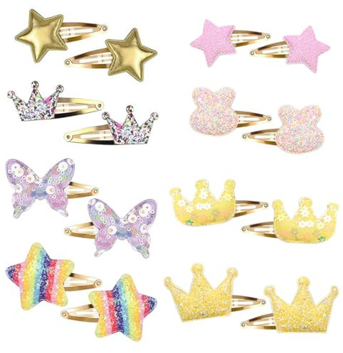 16 Pezzi Mollette per Capelli Bambina Fermagli Corona Stella Cuore Farfalla Carino Barrettes Clip Lucide Accessori Forcine per Ragazze,Glitter Clip a Scatto per Capelli