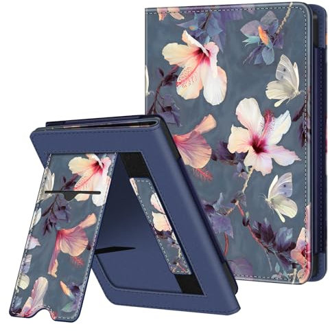 FINTIE Étui Compatible avec 6” Kobo Clara Colour/BW 2024 et Kobo Clara 2E 2022 - Coque Liseuse Housse avec Béquille, Fente pour Carte et Dragonne, Fleur Hibiscus