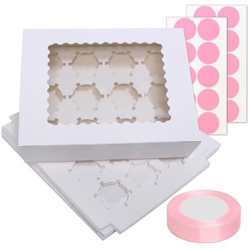 Goalfly 10 Pieces Large Cupcake Boxes 12 Hole, White Cupcake Boxes with Window, Bakery Boxes with Inserts, 1 Ribbon and 2 Stickers