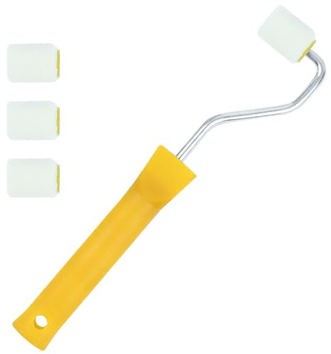 Mini Farbroller Set 1 Kunststoffgriff und 4 Bürstenköpfe Farbrollerbügel Malerwalze klein für Ausbessern von Kanten oder Ecken