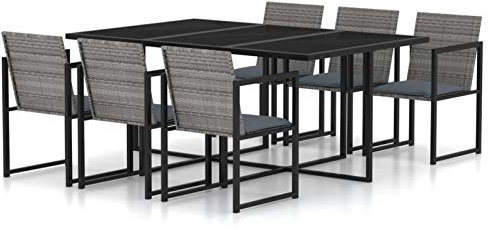 ShCuShan 7-TLG. Garten-Essgruppe Gartentisch Mit StüHlen Set Loungegruppe LoungemöBel GartenmöBel Esstisch mit Kissen Poly Rattan Grau