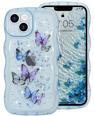 ROSEHUI for iPhone 14 Case,Cute Butterfly Curly Wave Phone Case with Sparkly Glitter Bling Star,Clear Anti-Yellowing Camera Protection Soft TPU Shockproof Protective Cover for Girls-Blue