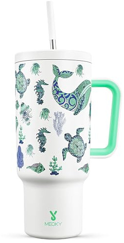 Meoky 1.134 g Glow in the Dark Tumbler with Handle and Straw, Tumbler with Lid and Straw, Insulated Stainless Steel Travel Mug, 100% Leakproof, Keeps Cold for 34 Hours (1 Pack, Sea Life)