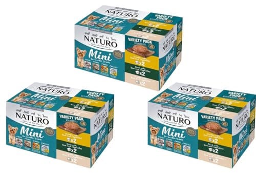Naturo Mini Wet Dog Food Variety Pack, 6 Trays, 150g Each, Chicken, Duck, Turkey, Gluten-Free, 60% Meat, For Smaller Dogs (3 Boxes of 6)