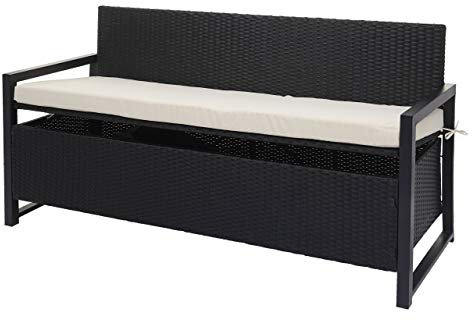 Mendler Poly-Rattan 3er Sitzbank HWC-F39AM, Gartenbank Truhenbank, Staufach Aufbewahrung Sitzkissen - anthrazit, Kissen Creme