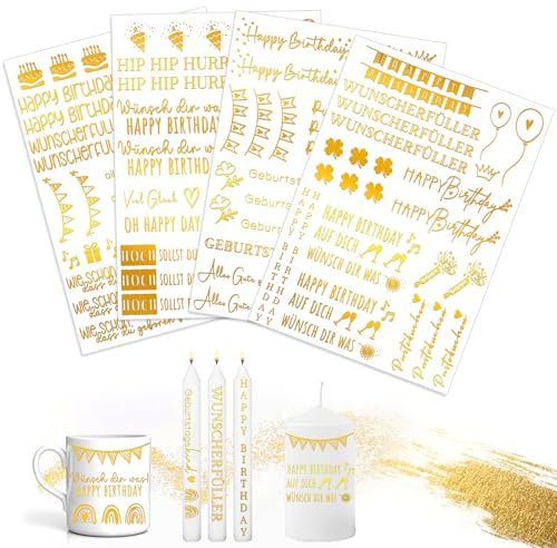 Qeioauek Kerzentattoos Geburtstag,4 PCS A5 Golden Kerzenfolie METALLIC,Kerzentattoo Wassertransferdruck,Kerzen Tattoofolie,Geburtstag Kerzenfolie,Happy Birthday,für Kerzen/Keramik(Geburtstag)
